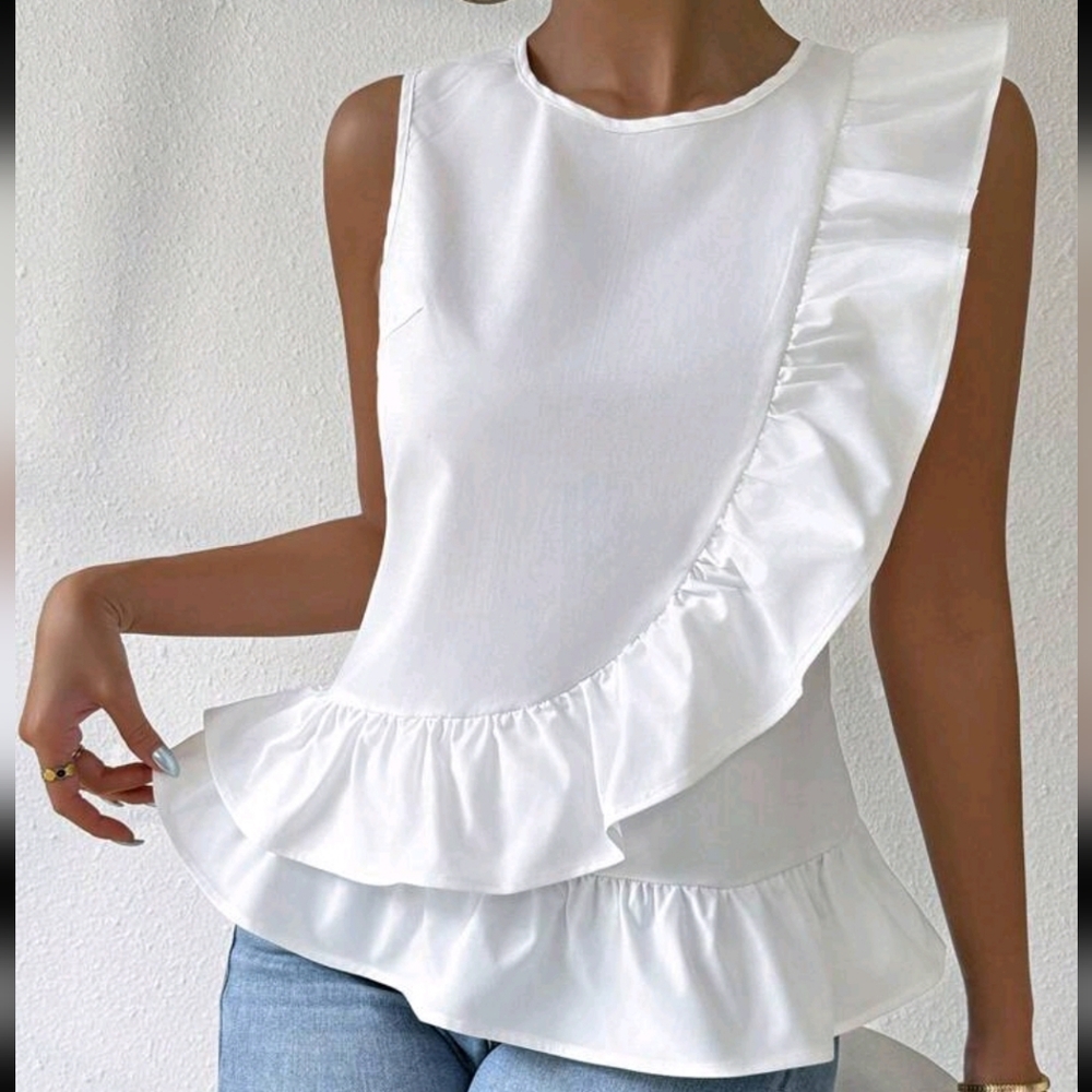 SHEIN White Ruffle Detail Sleeveless Blouse